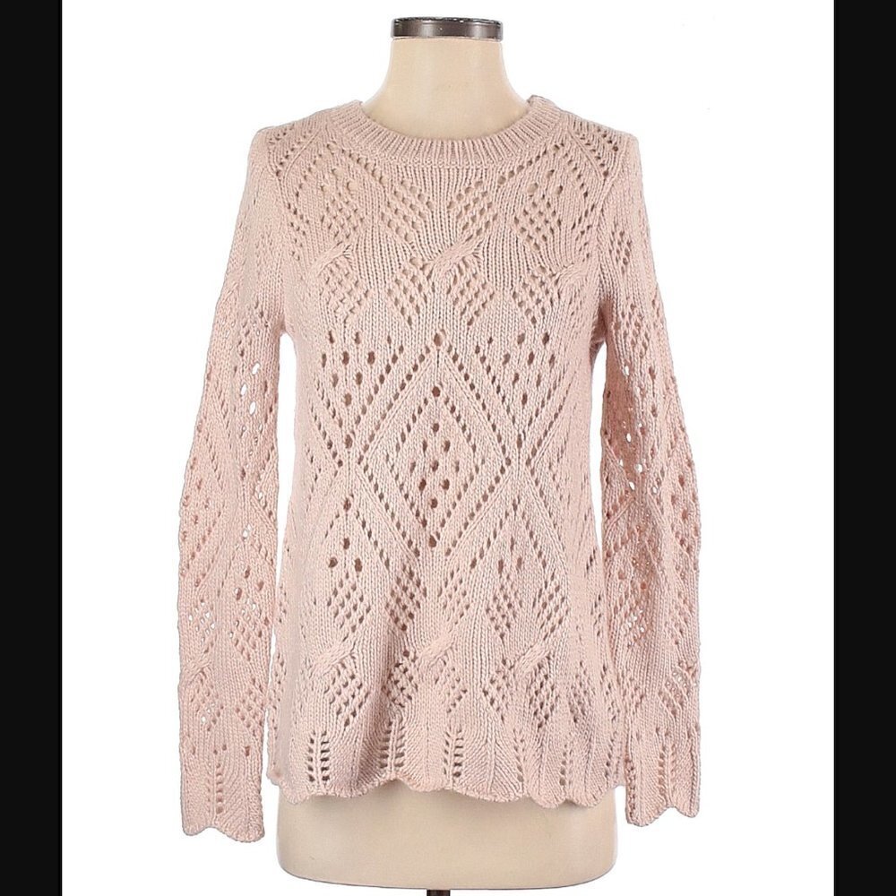Loft Women's Size XS Crewneck Sweater Light Pink Beige Loose Knit Scallop Hem